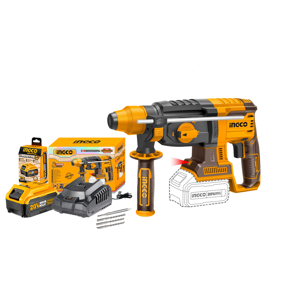 Martelete Rotativo INGCO 2J SDS-Plus Com Bateria 20V 4Ah e Carregador CRHLI20228