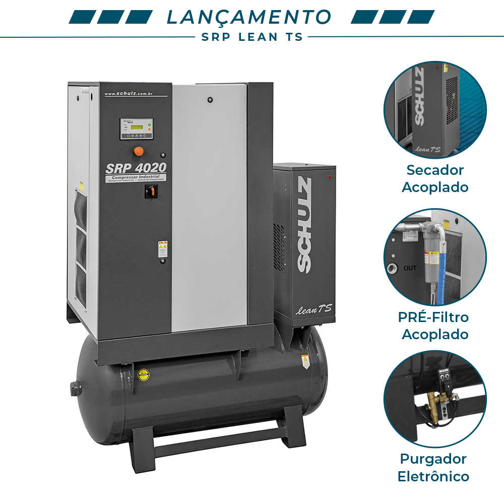 Compressor de ar Parafuso Schulz SRP 4020 Lean TS 350Lts Com Pre Filtro e Secador Acoplado 380V