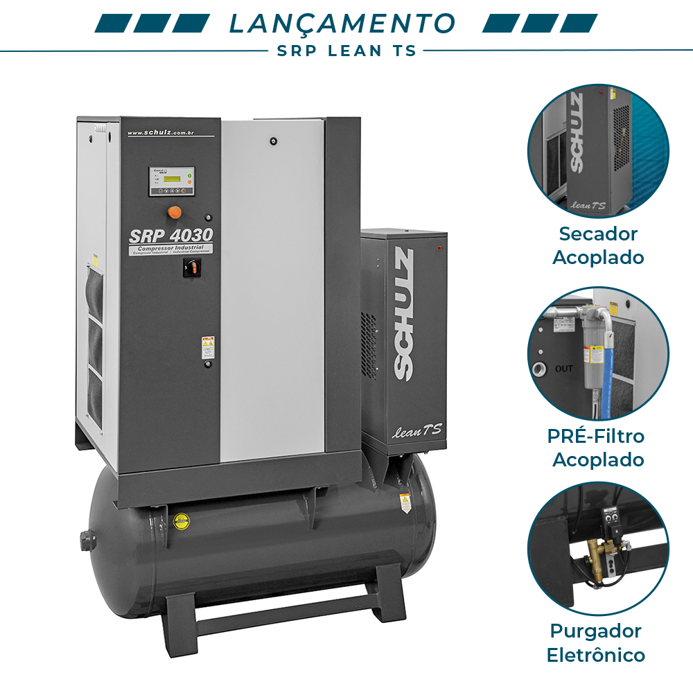 Compressor de ar Parafuso Schulz SRP 4030 Lean TS 350Lts Com Pre Filtro e Secador Acoplado 380V