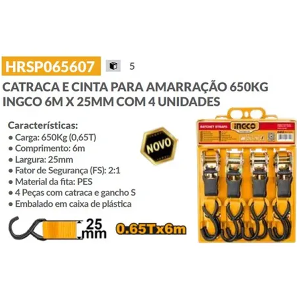 Catraca e Cinta Amarração 650 kg 6 m×25 mm 4 Un. INGCO - Imagem 3