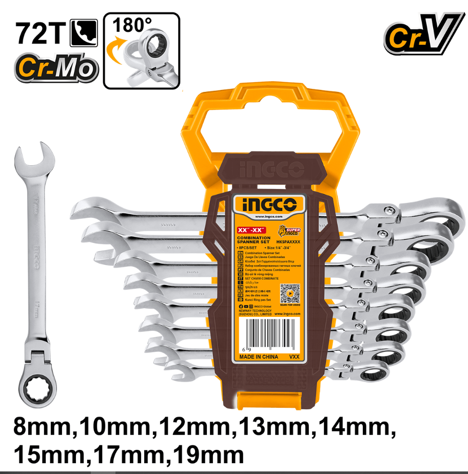 Jogo Chave Comb. Catraca Flex 8 A 19mm Hkspar1083 Ingco - Prateado - Imagem 2