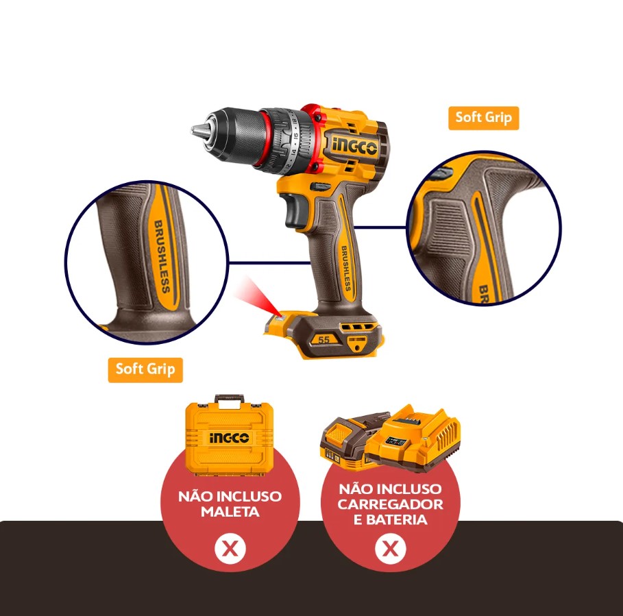 PARAFUSADEIRA / FURADEIRA DE IMPACTO BRUSHLESS 1/2" 55 NM 20V LINHA P20S - INGCO CIDLI205581 (SEM BATERIA E SEM CARREGADOR) - Imagem 2