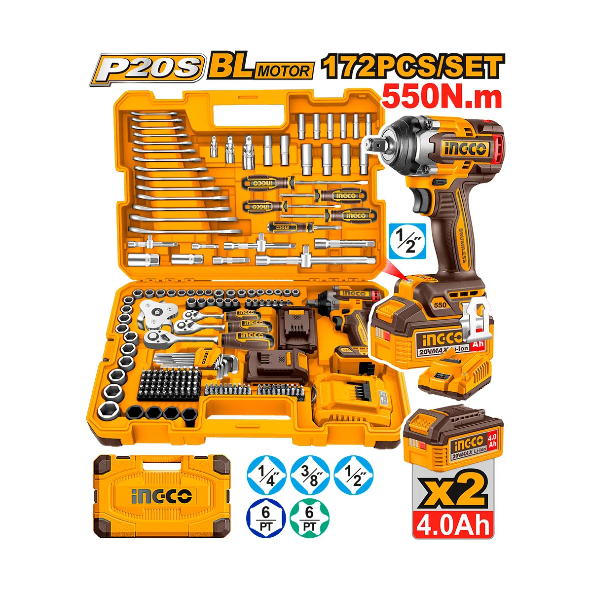 Combo 172 Peças BL INGCO 1/2" à Bateria 20V Linha P20S HKTHP41723-9 - Imagem 2