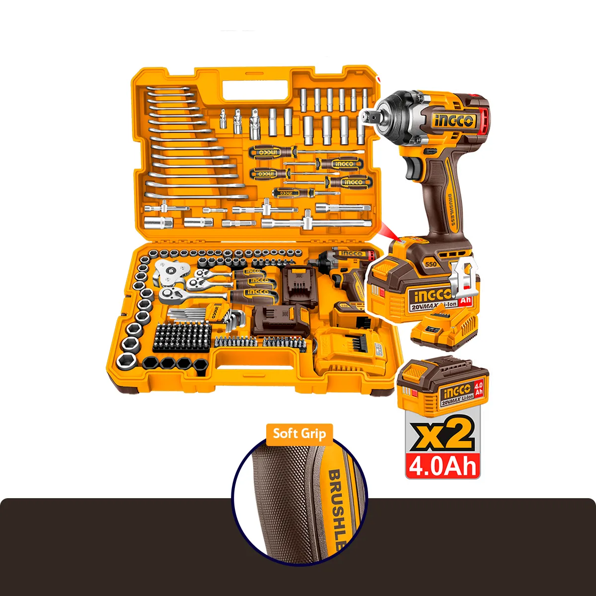 Combo 172 Peças BL INGCO 1/2" à Bateria 20V Linha P20S HKTHP41723-9 - Imagem 3