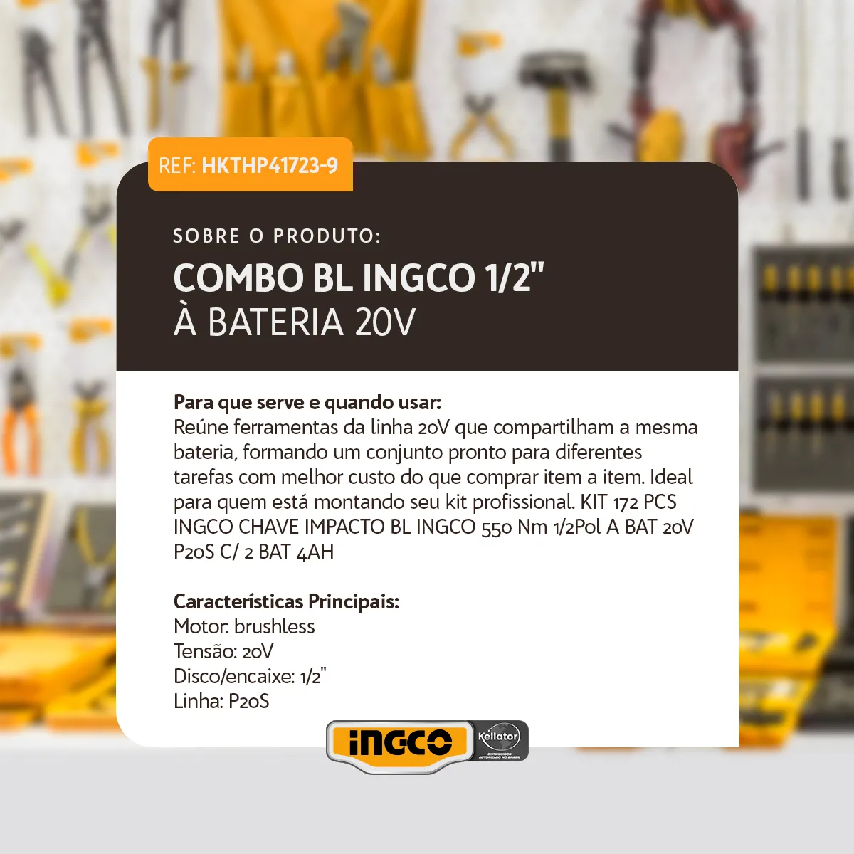 Combo 172 Peças BL INGCO 1/2" à Bateria 20V Linha P20S HKTHP41723-9 - Imagem 6