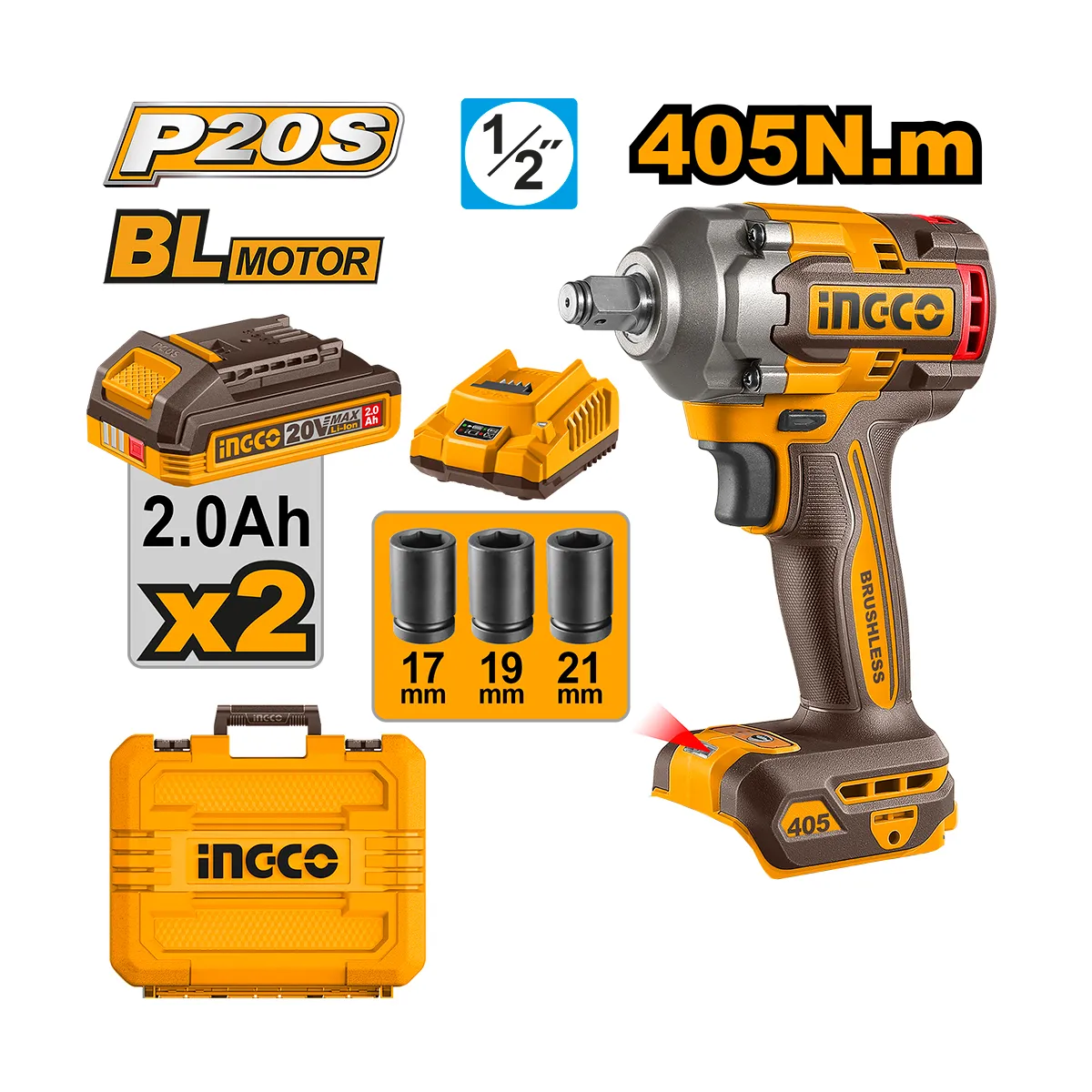 Chave de Impacto BL INGCO 405Nm 1/2" à Bateria 20V Linha P20S C/ 2 Baterias 2Ah CIWLI2045-9 - Imagem 2