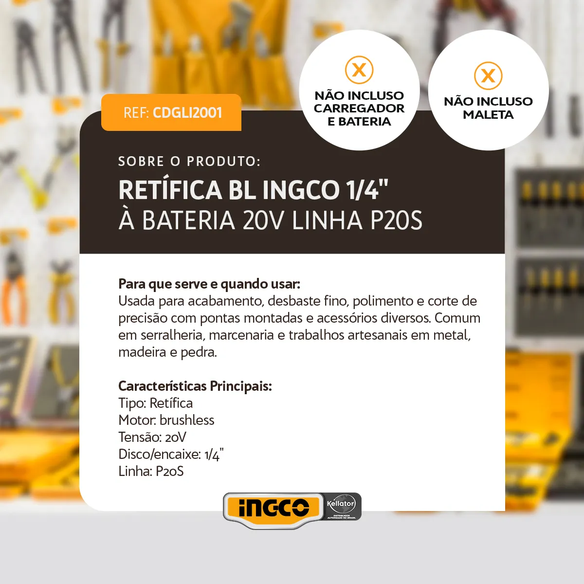 Retífica BL INGCO 1/4" à Bateria 20V Linha P20S CDGLI2001 - Imagem 5