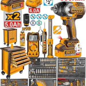 CARRO DE FERRAMENTAS INDUSTRIAL 7 GAVETAS COM 396 PEÇAS E CHAVE DE IMPACTO BRUSHLESS 20V 850 NM COM 2 BATERIAS 5.0AH - INGCO