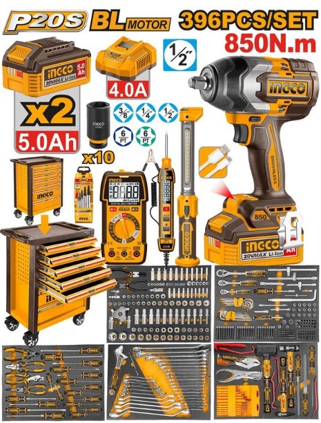 CARRO DE FERRAMENTAS INDUSTRIAL 7 GAVETAS COM 396 PEÇAS E CHAVE DE IMPACTO BRUSHLESS 20V 850 NM COM 2 BATERIAS 5.0AH - INGCO