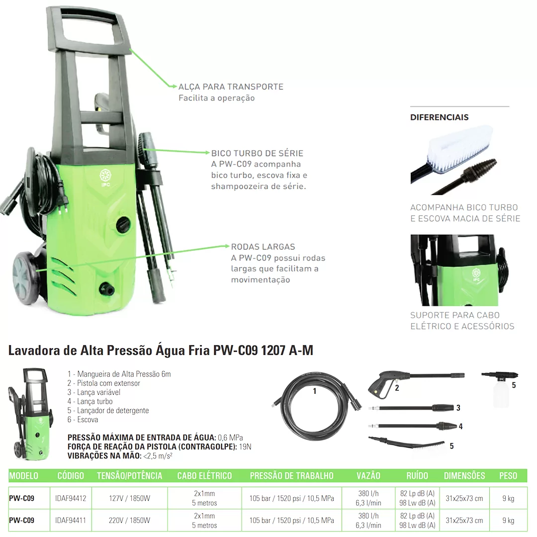Lavadora de Alta Pressão Doméstica IPC PW-C09 1600W Monofásico 220V - Imagem 6