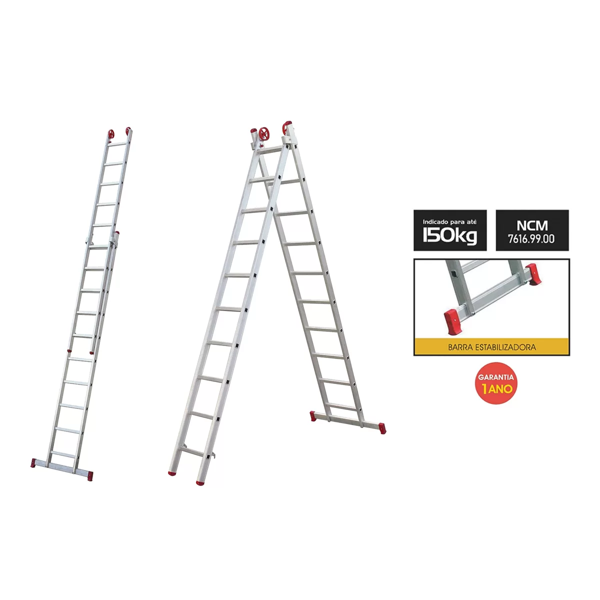 Escada Extensiva Botafogo de Alumínio 10x2 Degraus - Imagem 3
